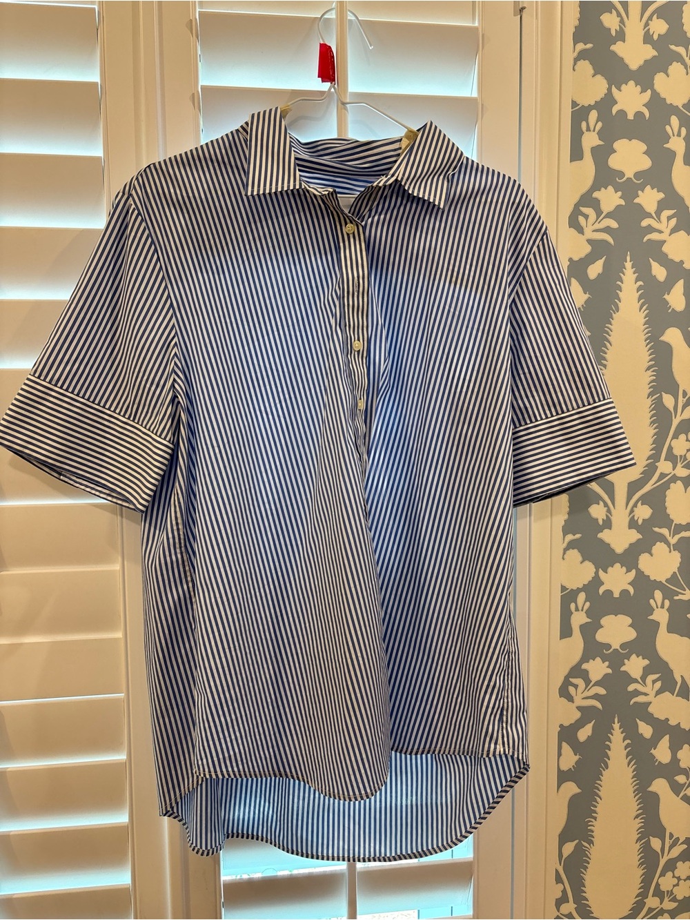The Shirt by Rochelle Behrens Navy and White Striped Short-Sleeve Button-Down